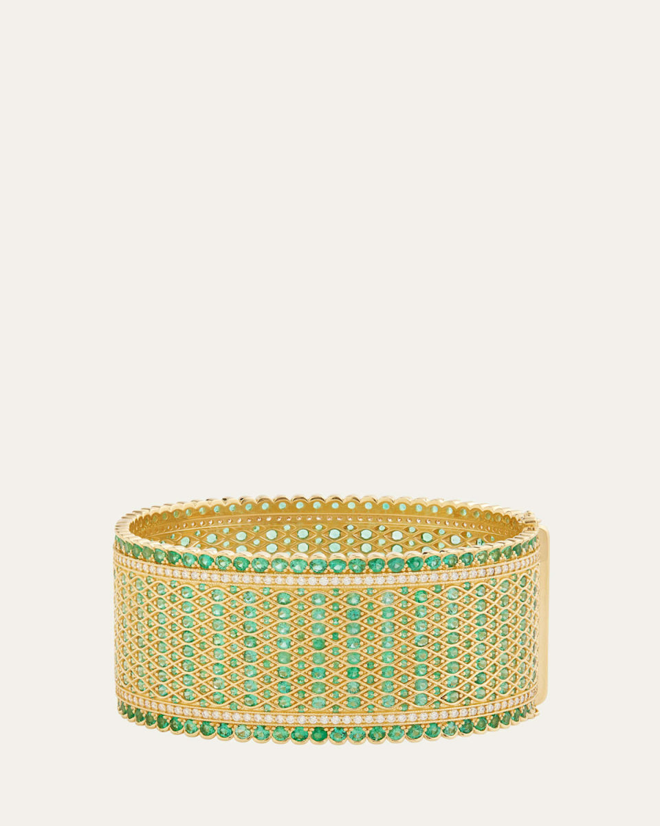 18K Gold Woven Emerald & Diamond Bracelet
